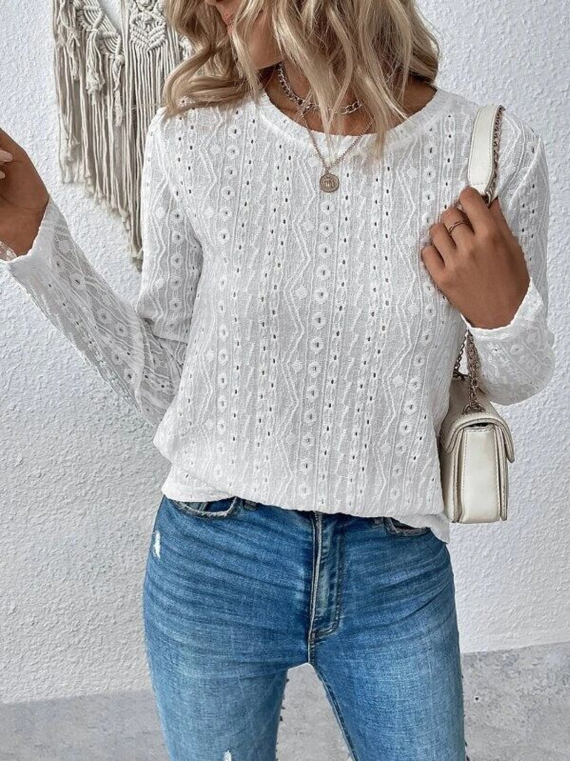 Eyelet Round Neck Long Sleeve Blouse