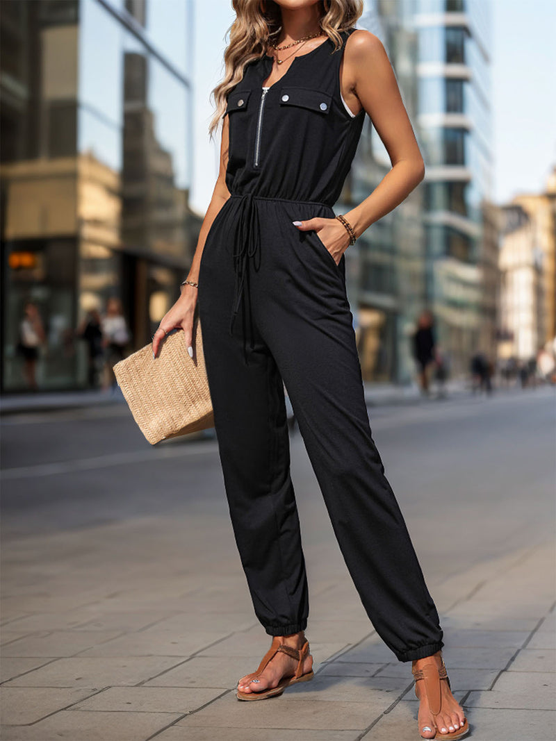 Half Zip Sleeveless Jumpsuit with Pockets