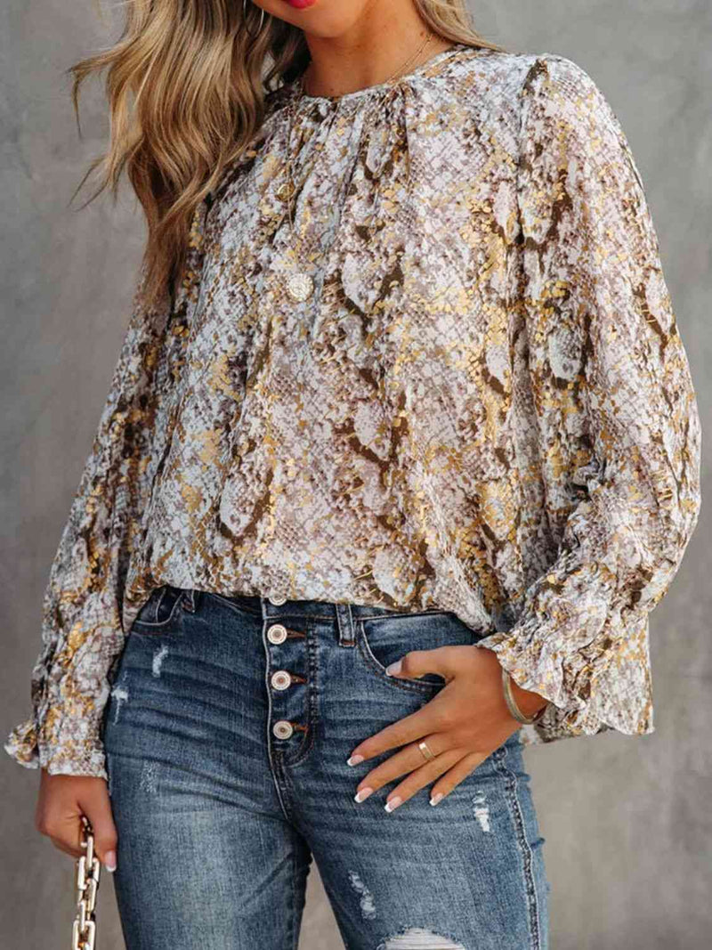 Printed Round Neck Long Sleeve Blouse