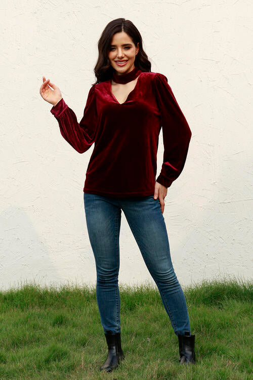 Cutout Puff Sleeve Velvet Blouse