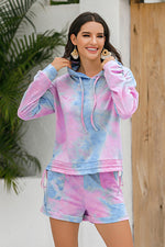 Tie-Dye Drawstring Hoodie and Shorts Set