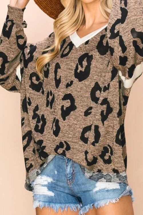 Leopard V-Neck Dropped Shoulder Blouse