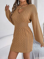 Cable-Knit Cutout Round Neck Slit Sweater