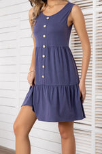 Decorative Button Scoop Neck Sleeveless Tiered Dress