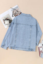 Pocketed Geometric Collared Neck Denim Jacket