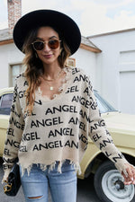 ANGEL Distressed V-Neck Dropped Shoulder Sweater