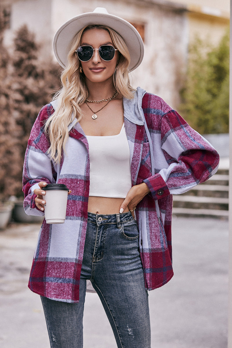 Plaid Dropped Shoulder Hooded Jacket