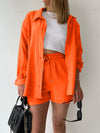 Texture Button Up Shirt and Drawstring Shorts Set