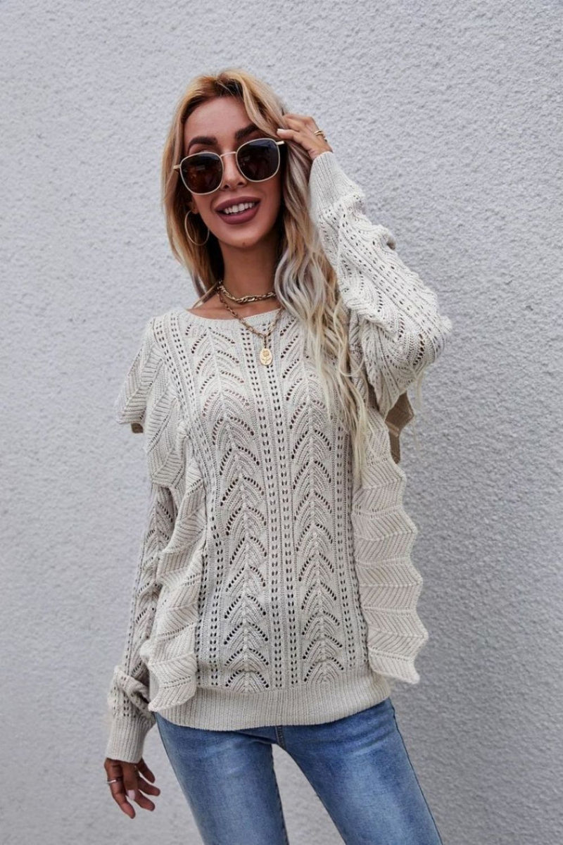 Openwork Round Neck Ruffled Sweater