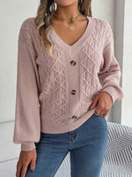 Cable-Knit V-Neck Lantern Sleeve Sweater