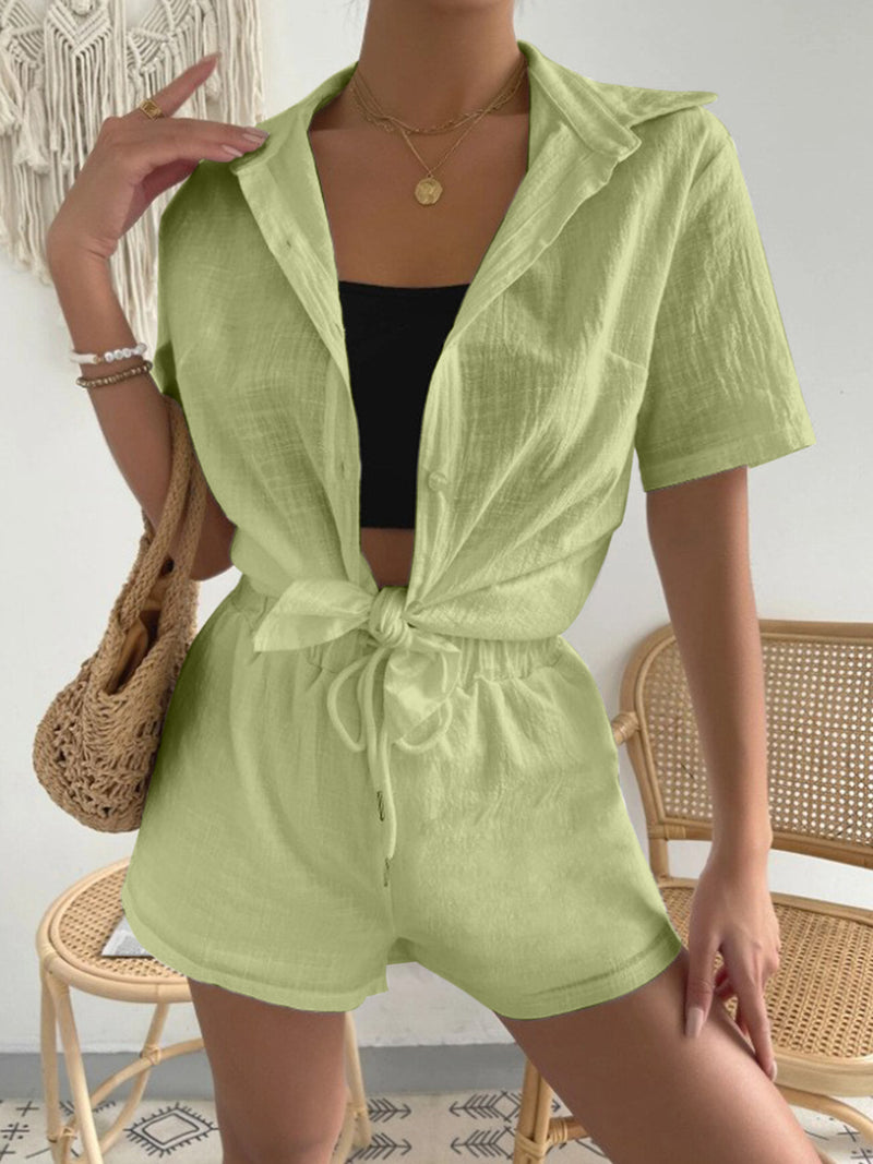 Button Up Short Sleeve Shirt and Drawstring Shorts Set