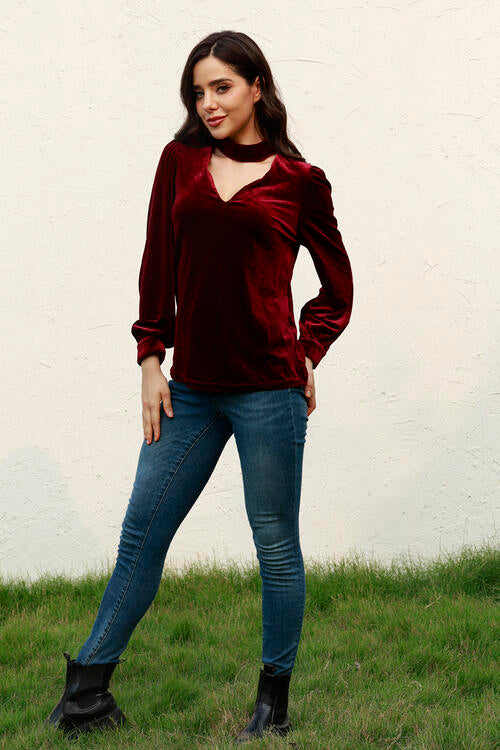 Cutout Puff Sleeve Velvet Blouse