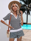 Striped Johnny Collar Half Sleeve Knit Top