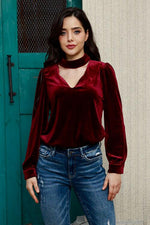 Cutout Puff Sleeve Velvet Blouse