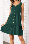 Decorative Button Scoop Neck Sleeveless Tiered Dress