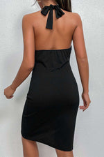 Asymmetrical Ribbed Ruched Halter Neck Dress - Online Exclusive