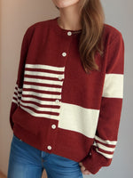 Striped Color Block Round Neck Cardigan