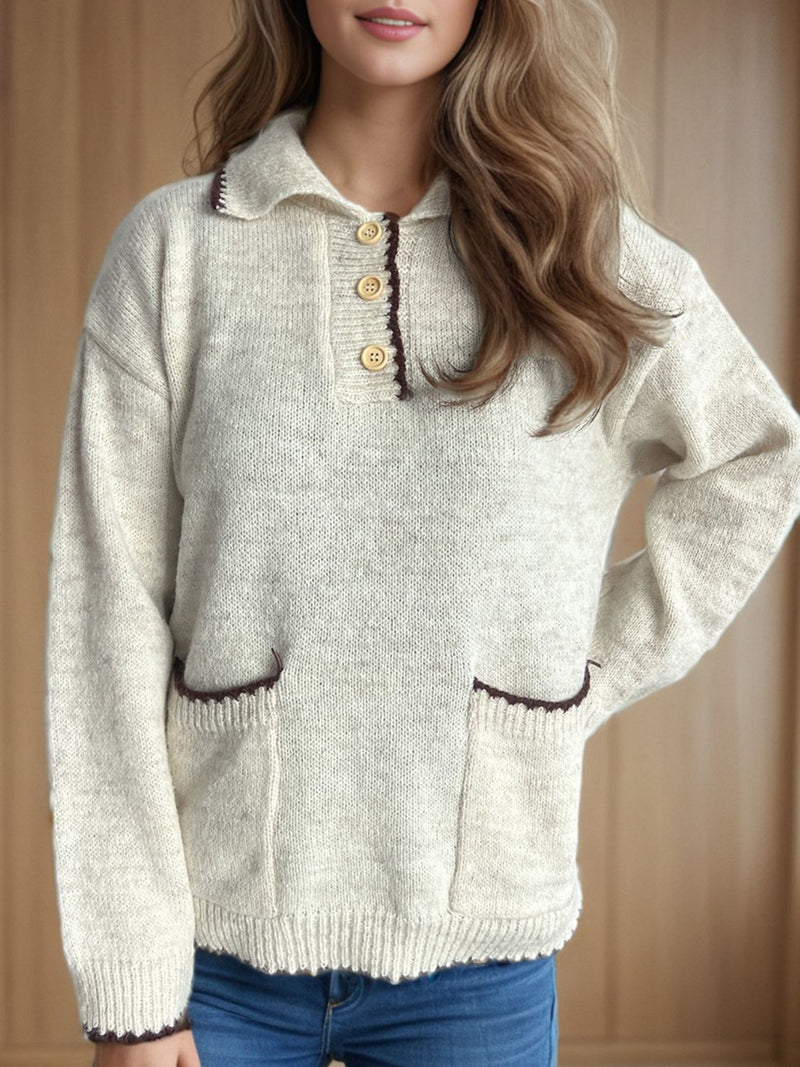 Contrast Trim Quarter Button Long Sleeve Sweater