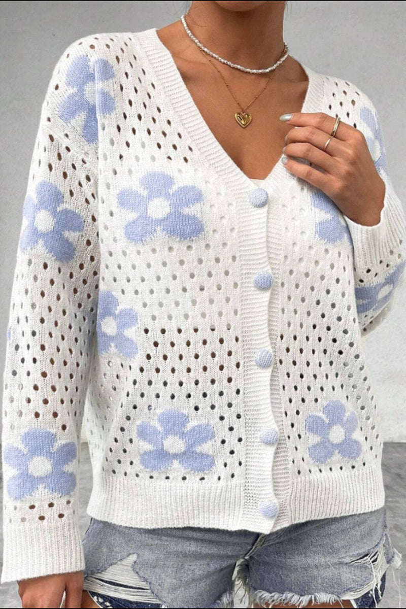 Flower Hollowed Out Button Down Long Sleeve Cardigan