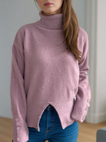 Front Slit Decorative Button Turtleneck Sweater