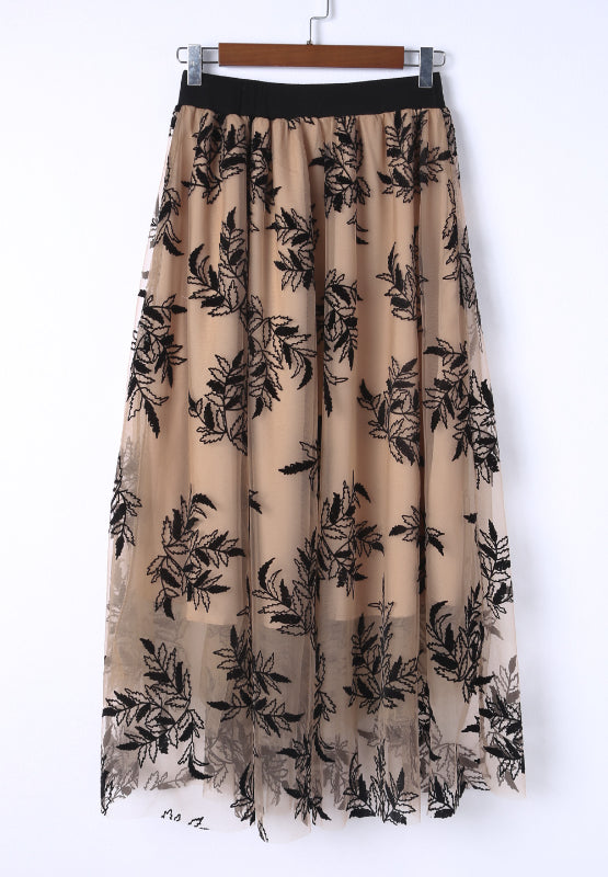 Leaf Elastic Waist Midi Skirt