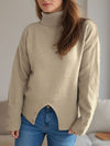 Front Slit Decorative Button Turtleneck Sweater