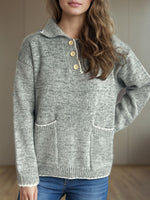 Contrast Trim Quarter Button Long Sleeve Sweater