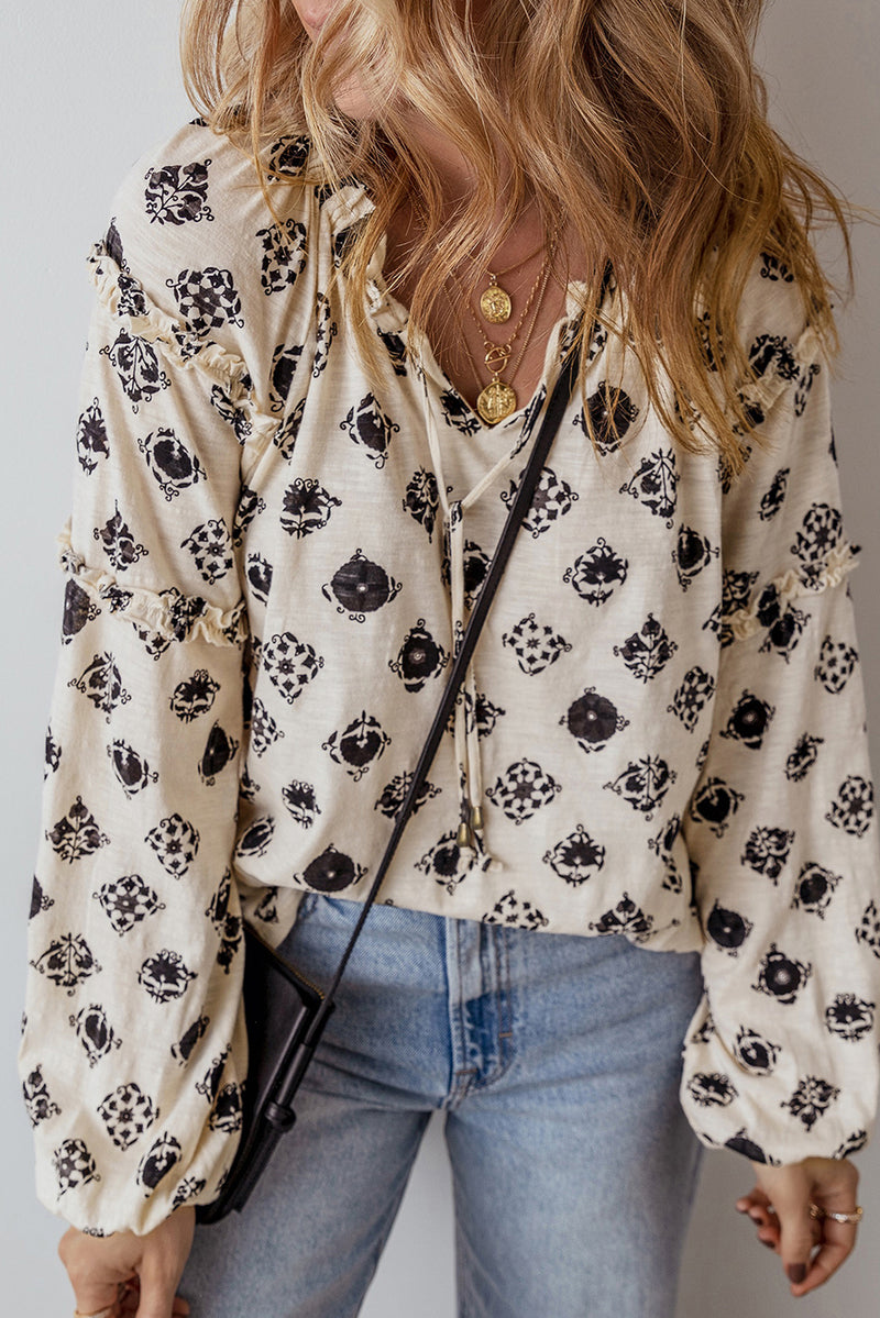 Printed Tie Neck Long Sleeve Blouse