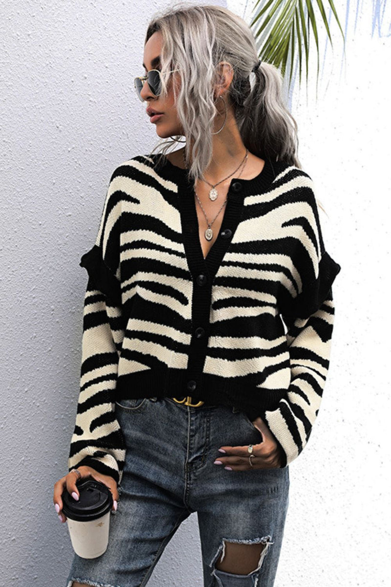 Striped Button-Down Round Neck Drop Shoulder Cardigan