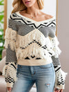 Geometric Fringe Detail V-Neck Sweater