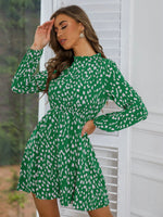 Printed Frill Neck Long Sleeve Dress