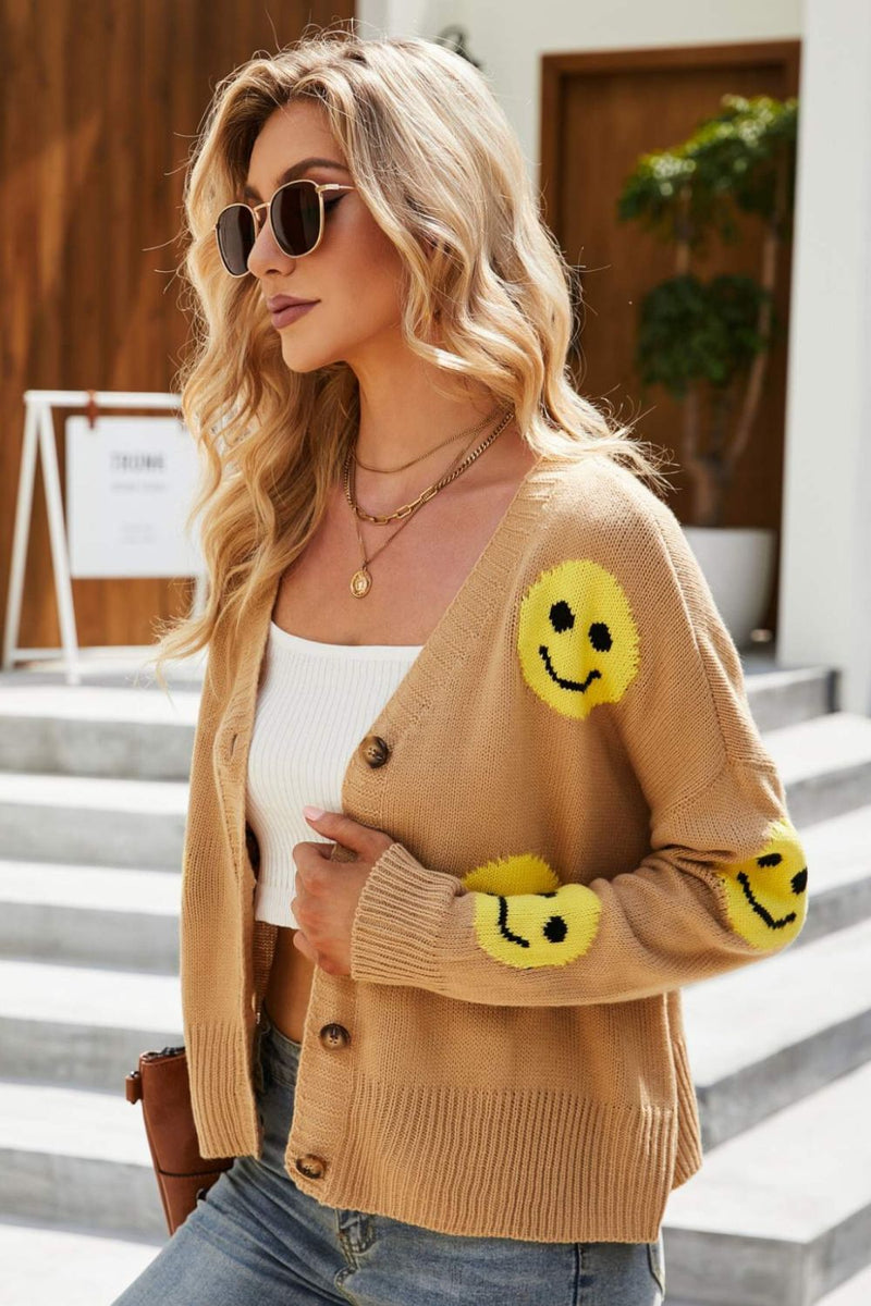 Smiley Face Ribbed Trim V-Neck Cardigan