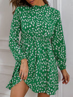 Printed Frill Neck Long Sleeve Dress